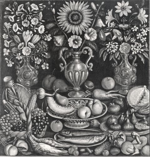 Gamberoni, Silvio — Anonimo lombardo sec. XVII - Natura morta con vasi di fiori, pesci, selvaggina, funghi e frutta — insieme